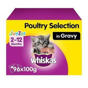 96 x 100g Whiskas 2-12 Months Kitten Wet Cat Food Pouches Mixed Poultry in Gravy