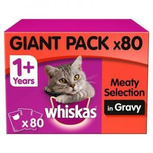 80 x 100g Whiskas 1+ Adult Wet Cat Food Pouches Mixed Meaty In Gravy