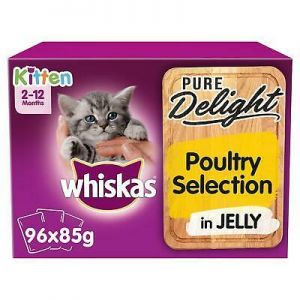 96 x 85g Whiskas Pure Delight 2-12 month Kitten Food Pouches Mixed Poultry Jelly